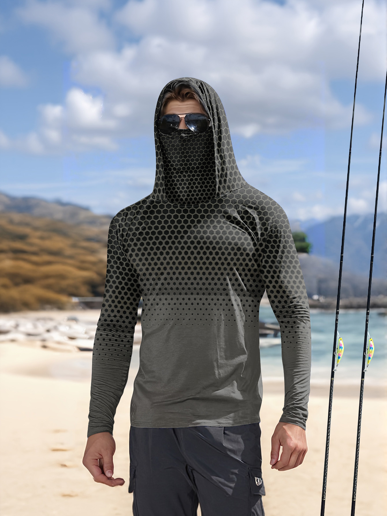 Mens Fashion Summer - Grey Gradient Honeycomb Men Fishing Hooded