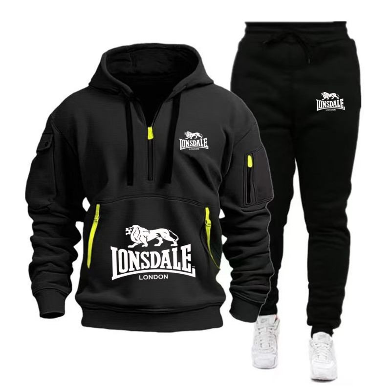 Mens Fashion Zip Up - LONSDALE Men's Kangaroo Pocket Hoodie Set
