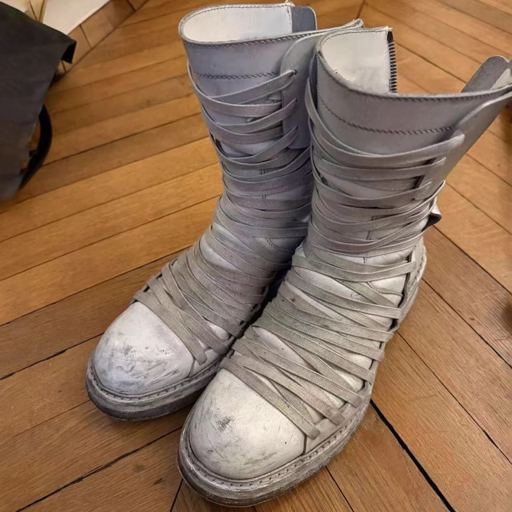 Mens Fashion Zip Up - Multiple Cross Tied White Walking Boots