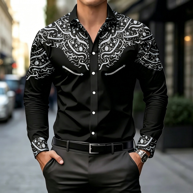 Mens Fashion Summer - Black and White Contrast Print Shirt,