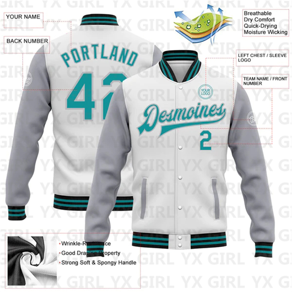 Custom White Teal Gray-Black B - đánh giá và giá Varsity Jacket Letterman